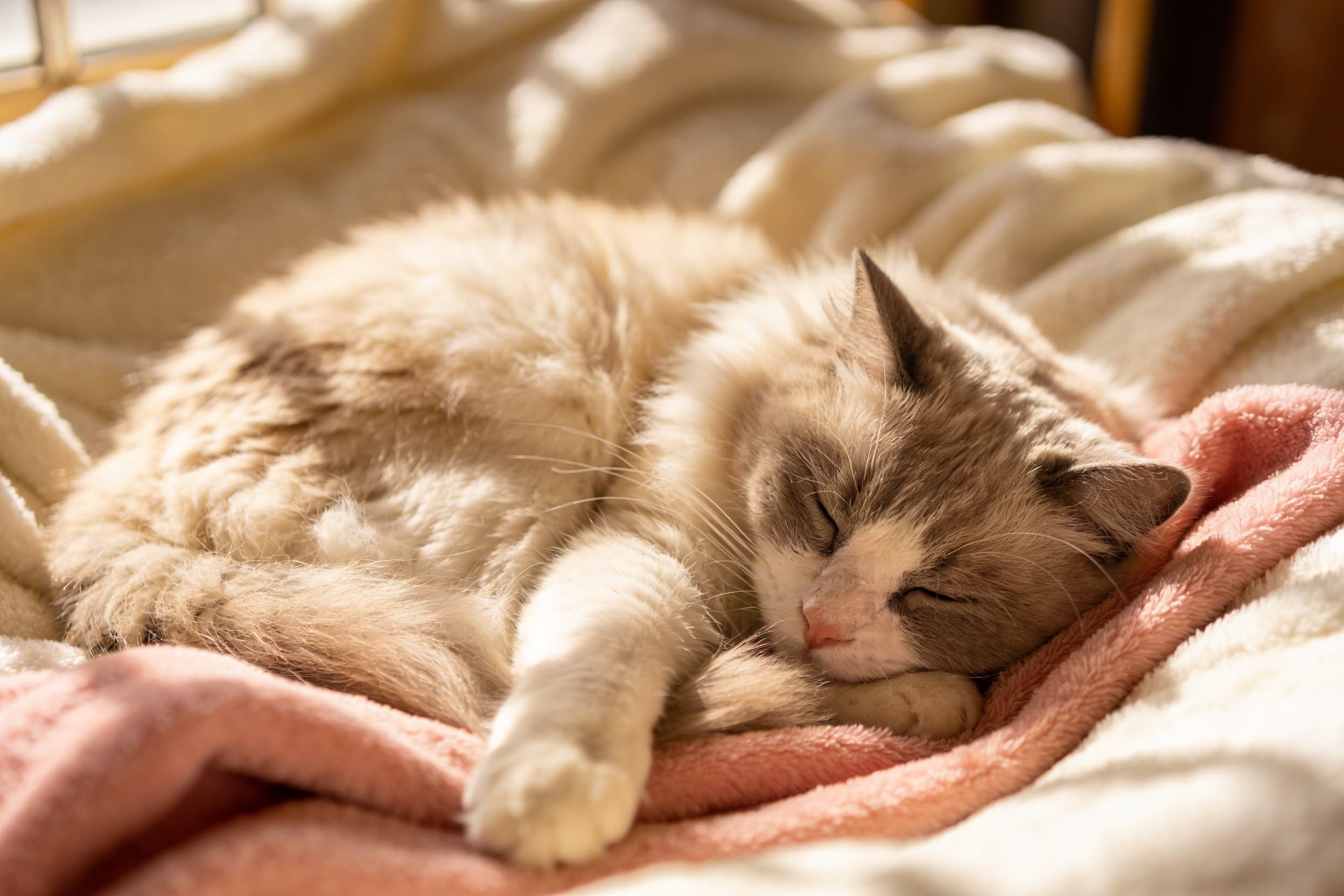 Cat sleeping curled on blanket