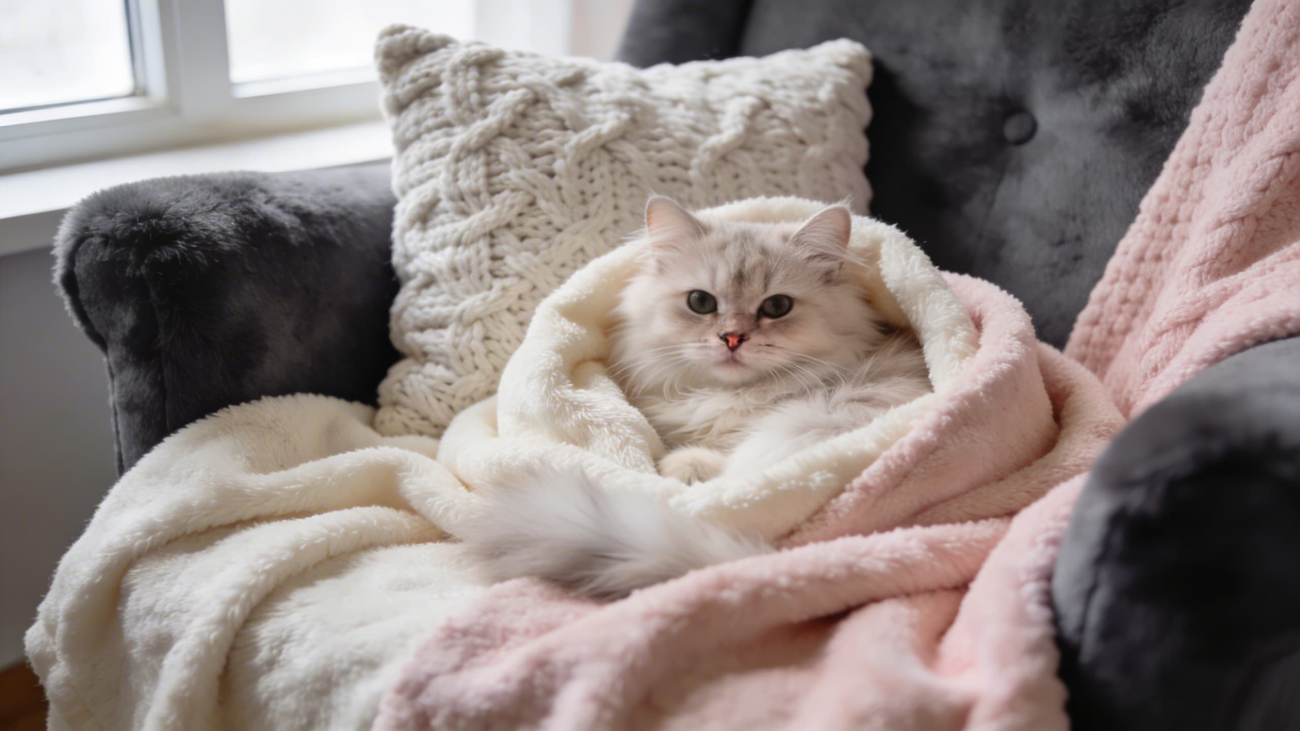 Fluffy cat curled up in armchair