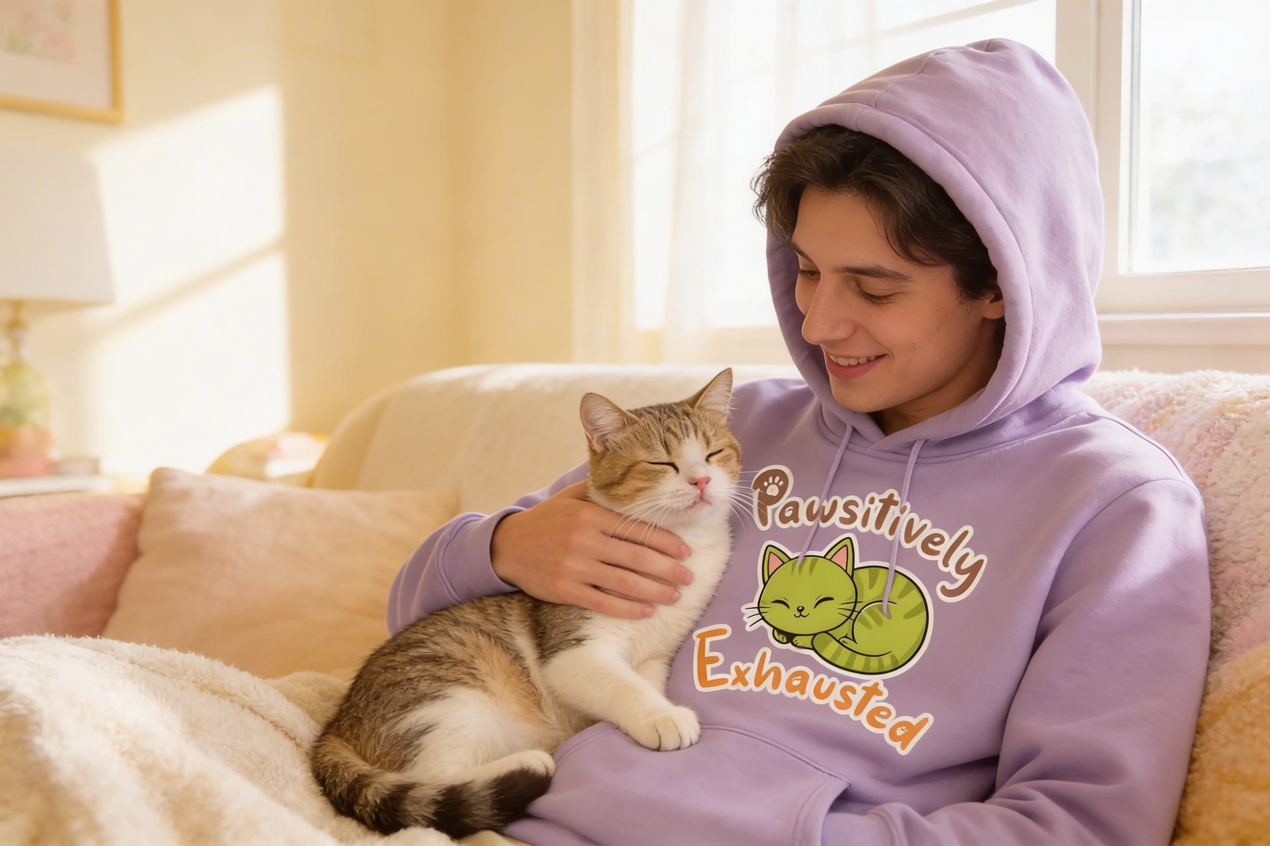 Man wearing Pawsitively Exhausted lilac hoodie